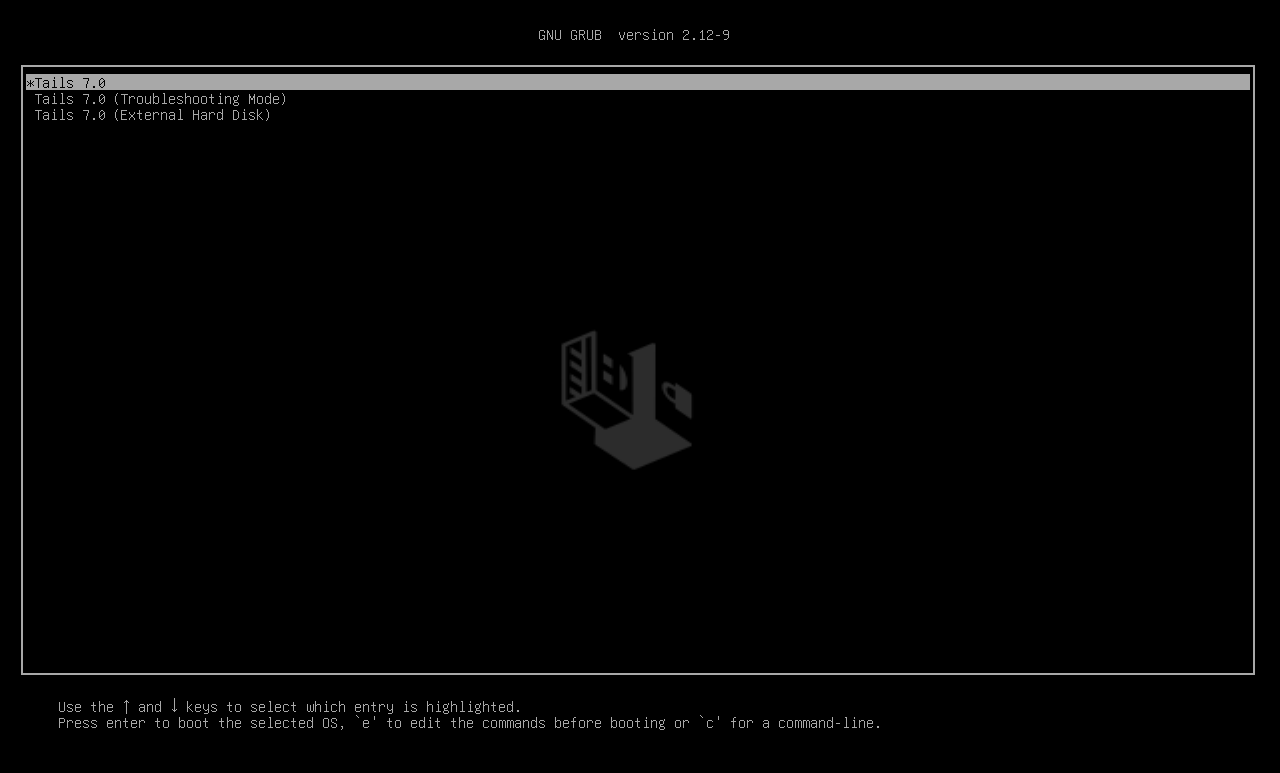 Schermo nero
('GNU GRUB') con il logo Tails e 3 opzioni: 'Tails' e 'Tails
(Troubleshooting Mode)' e 'Tails (External Hard Disk)'.
